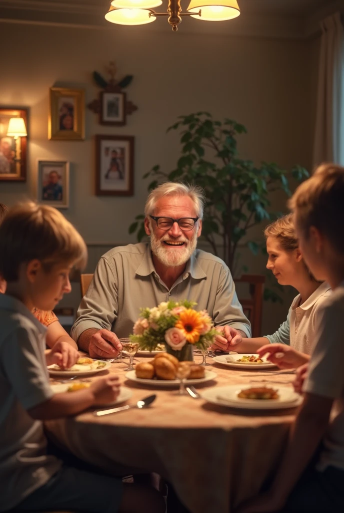 Create art that represents a family gathered around a breakfast table. the father, with an angry expression, is looking directly at his son, who seems a little disconcerted. The mother is next to them, trying to calm the situation. Ao redor da mesa, there are dishes with food, coffee cups and some elements that characterize a family breakfast environment, like a jug of juice or a basket of bread.