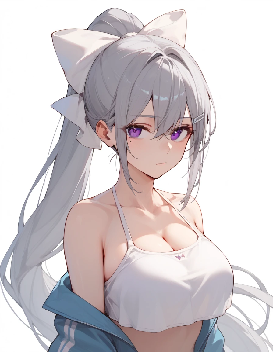  (masterpiece:1.2), ( best quality :1.2),  perfect eyes,  perfect face,  1 girl,hk1, purple eyes, grey hair, hair between eyes, long hair, very long hair, ponytail, mole under eye, bow, white bow,big breasts,swimsuit,nsfw