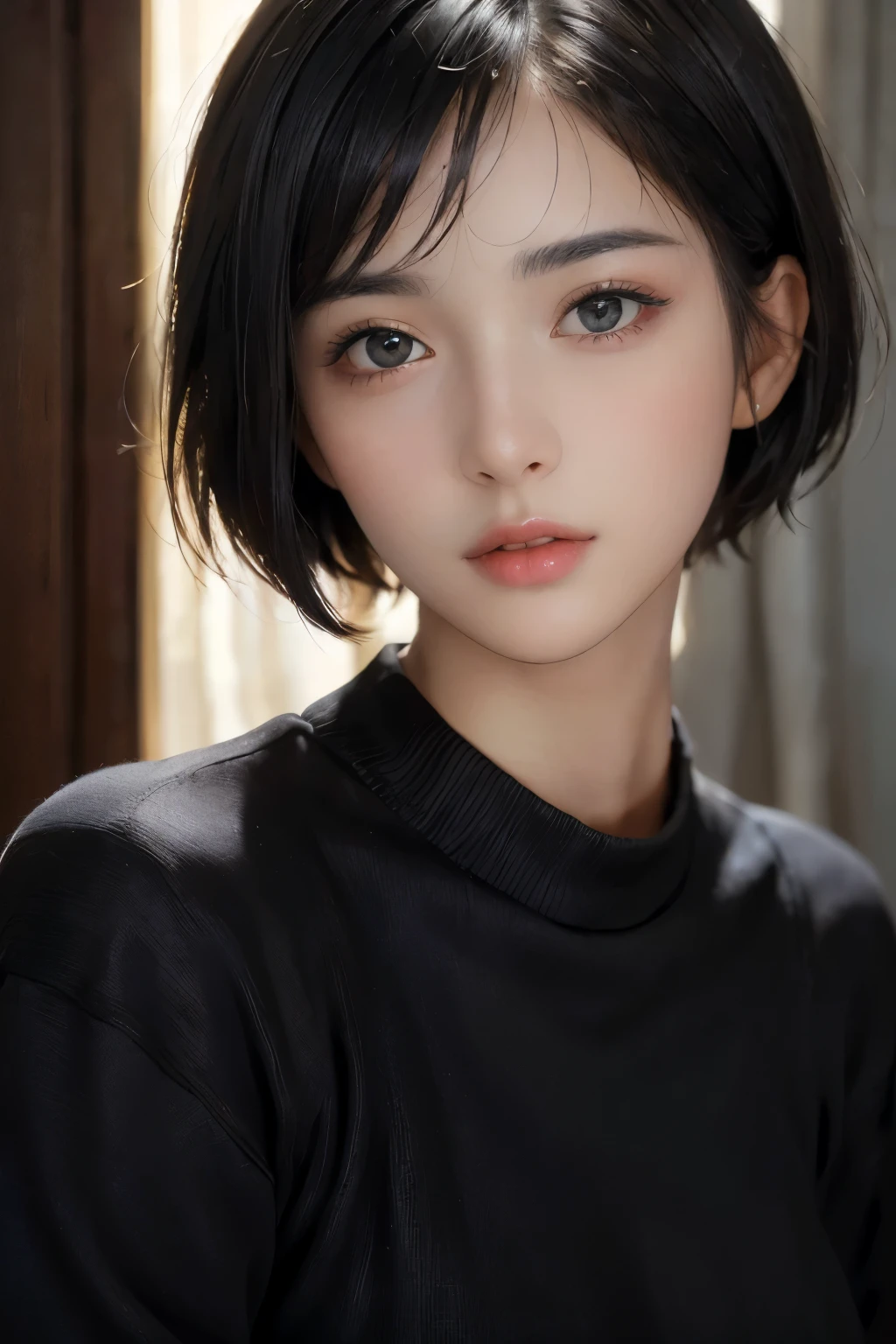(masterpiece:1.3), (8k, photorealistic, RAW photo, best quality: 1.4), (1girl), beautiful face, (realistic face), (black hair, short hair:1.3), beautiful hairstyle, realistic eyes, beautiful detailed eyes, (realistic skin), beautiful skin, (sweater), absurdres, attractive, ultra high res, ultra realistic, highly detailed, golden ratio