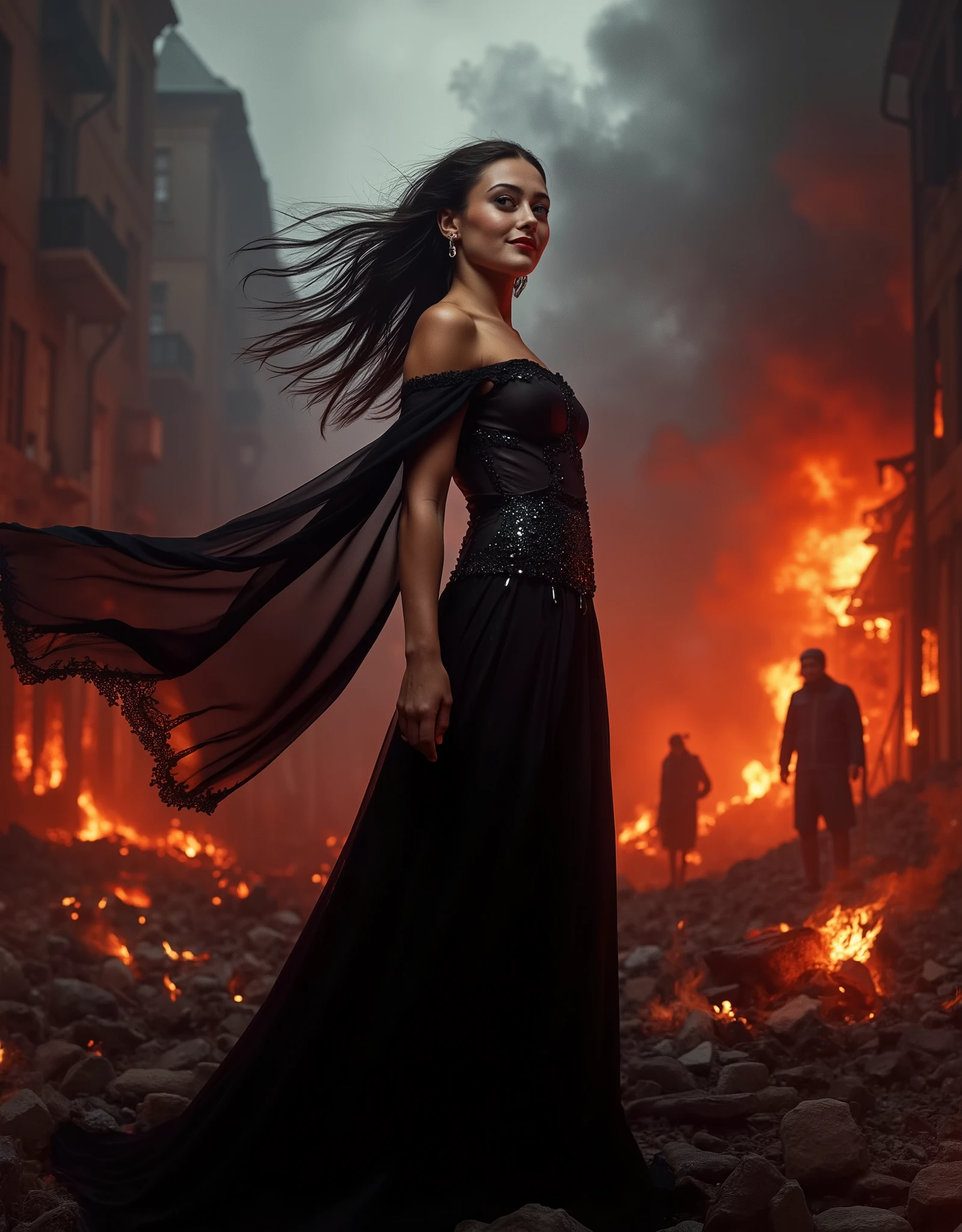 (best quality,4k,8k,highres,masterpiece:1.2),ultra-detailed,(realistic,photorealistic,photo-realistic:1.37), Ella Purnell, cruel and beautiful queen of the underworld, burning city, laughing queen, dark and gloomy atmosphere, intense flames, crumbling buildings, terrified citizens, twisted and eerie shadows, billowing smoke, sparkling embers, ash-filled sky, shattered glass, hauntingly beautiful queen, hair flowing in the wind, piercing eyes, delicate yet menacing smile, regal black gown flowing around her, flickering firelight casting dramatic shadows, eerie silence broken by the queen's echoing laughter, the queen stands tall and proud amidst the chaos, embodiment of power and destruction, gritty and realistic art style, vibrant and contrasting color palette with deep reds and dark shades, ethereal lighting illuminating the queen's face, a sense of both awe and fear in the air.