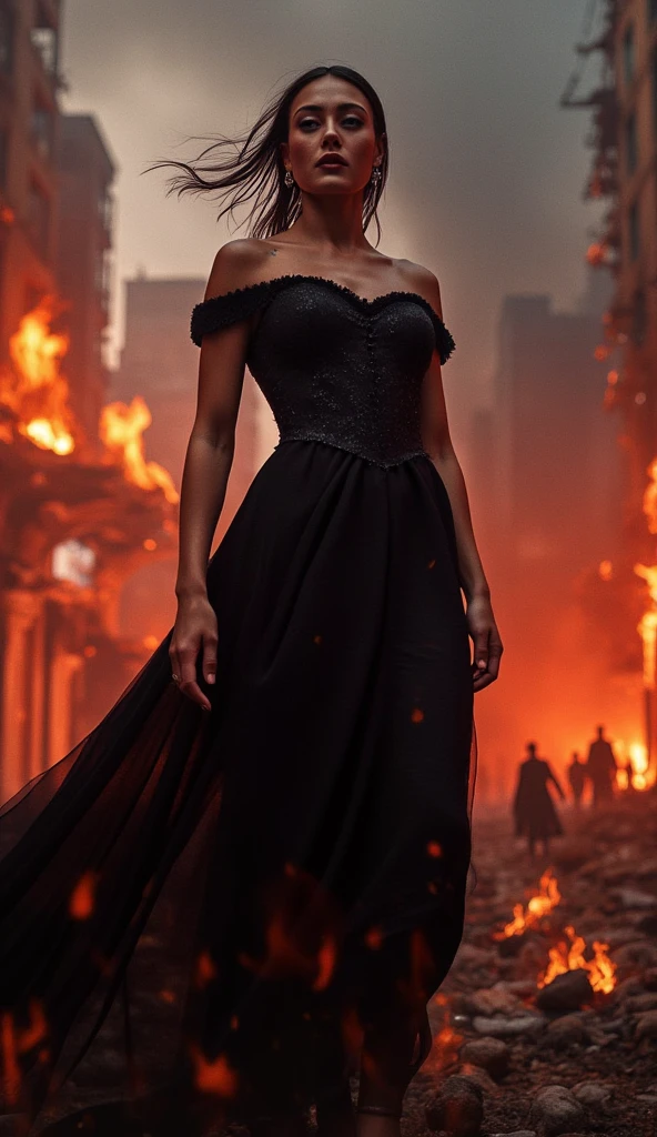 (best quality,4k,8k,highres,masterpiece:1.2),ultra-detailed,(realistic,photorealistic,photo-realistic:1.37), Ella Purnell, cruel and beautiful queen of the underworld, burning city, laughing queen, dark and gloomy atmosphere, intense flames, crumbling buildings, terrified citizens, twisted and eerie shadows, billowing smoke, sparkling embers, ash-filled sky, shattered glass, hauntingly beautiful queen, hair flowing in the wind, piercing eyes, delicate yet menacing smile, regal black gown flowing around her, flickering firelight casting dramatic shadows, eerie silence broken by the queen's echoing laughter, the queen stands tall and proud amidst the chaos, embodiment of power and destruction, gritty and realistic art style, vibrant and contrasting color palette with deep reds and dark shades, ethereal lighting illuminating the queen's face, a sense of both awe and fear in the air.