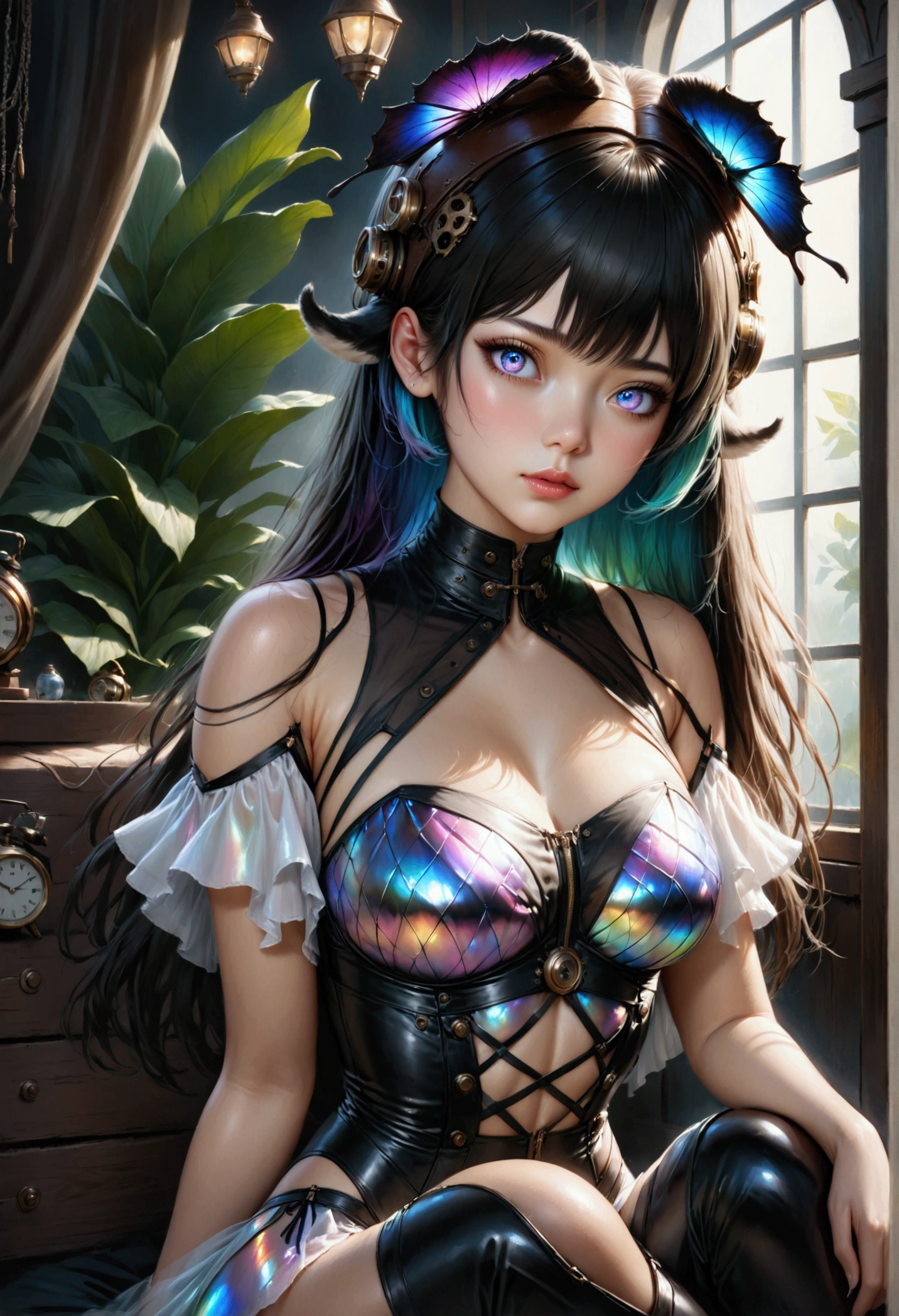 8k_wallpaper, extremely detailed eyes, extremely detailed body, (large masterpiece digital art), (detailed manga illustration), (detailed line art), ((perfect anatomy)), (intricate details:1.3), (ultra-detailed:1.3), (illustration:1.3), (sharp focus:1.3), (natural lighting:1.05), (vivid colors:1.3), (masterpiece), (best quality:1.4), (perfect anatomy:1.4), high quality, expressive eyes, full body, detailed face, beautiful face, perfect face, 1 girl, medium breasts, black hair, curly hair, wild hair, detailed hair, white dress shirt, black pants, pale skin, sapphire eyes, demon, blue halo, sheep horns, curled horns, (horizontal pupils), sexy face, pointy ears, splash art, the demon girl, curvy, sitting in an office chair at a desk with feet on desk, black high heels,