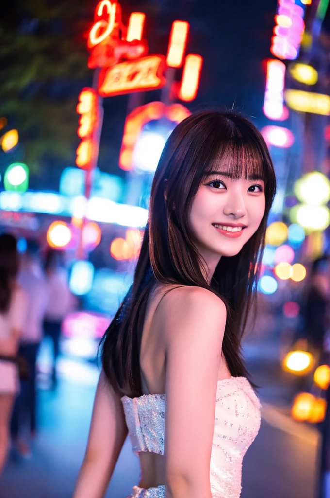 best quality, 8k, very delicate and beautiful, highly detailed face and skin texture, shiny skin, high resolution, sexy long hair japanese girl in white dress walking on street at night with huge smile, under neon light, sharp focus 