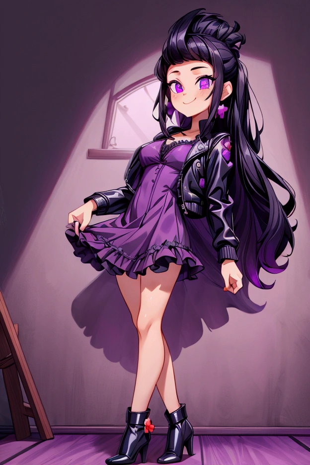 (Masterpiece, best quality) 1 girl, black hair, medium long hair, purple eyes, standing indoors with intricate details and sunlight. Purple frilled dress with short neckline, dark black biker jacket vest, black heels, cross earrings. Sweet smile, sexy pose, coquette, beautiful legs, mature body, gorgeous, pronounced breasts