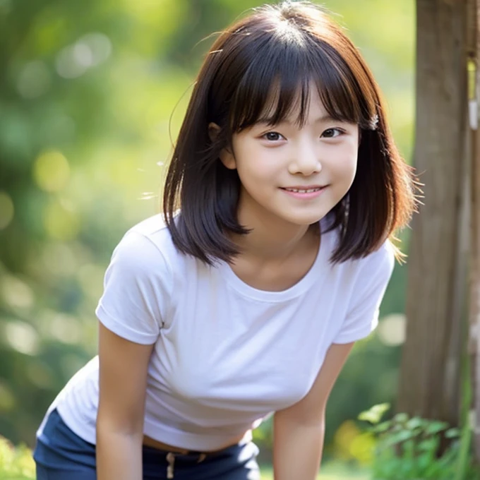 masutepiece, Original quality, Highest Quality, Top image quality, narrow shoulders,Delicate body,exaggerated details, half body photo, Clear face, Child's face, 小柄,Professional Writing for Short Stature, Cute 12 year old asian girl with shy expression, beautifully detailed eyes, Puffy cheeks, (Medium Hair, sleeveless top) plein air, Pose in front of the camera, (Chest highlights), Smiling, childish body, Melting background, Bokeh background