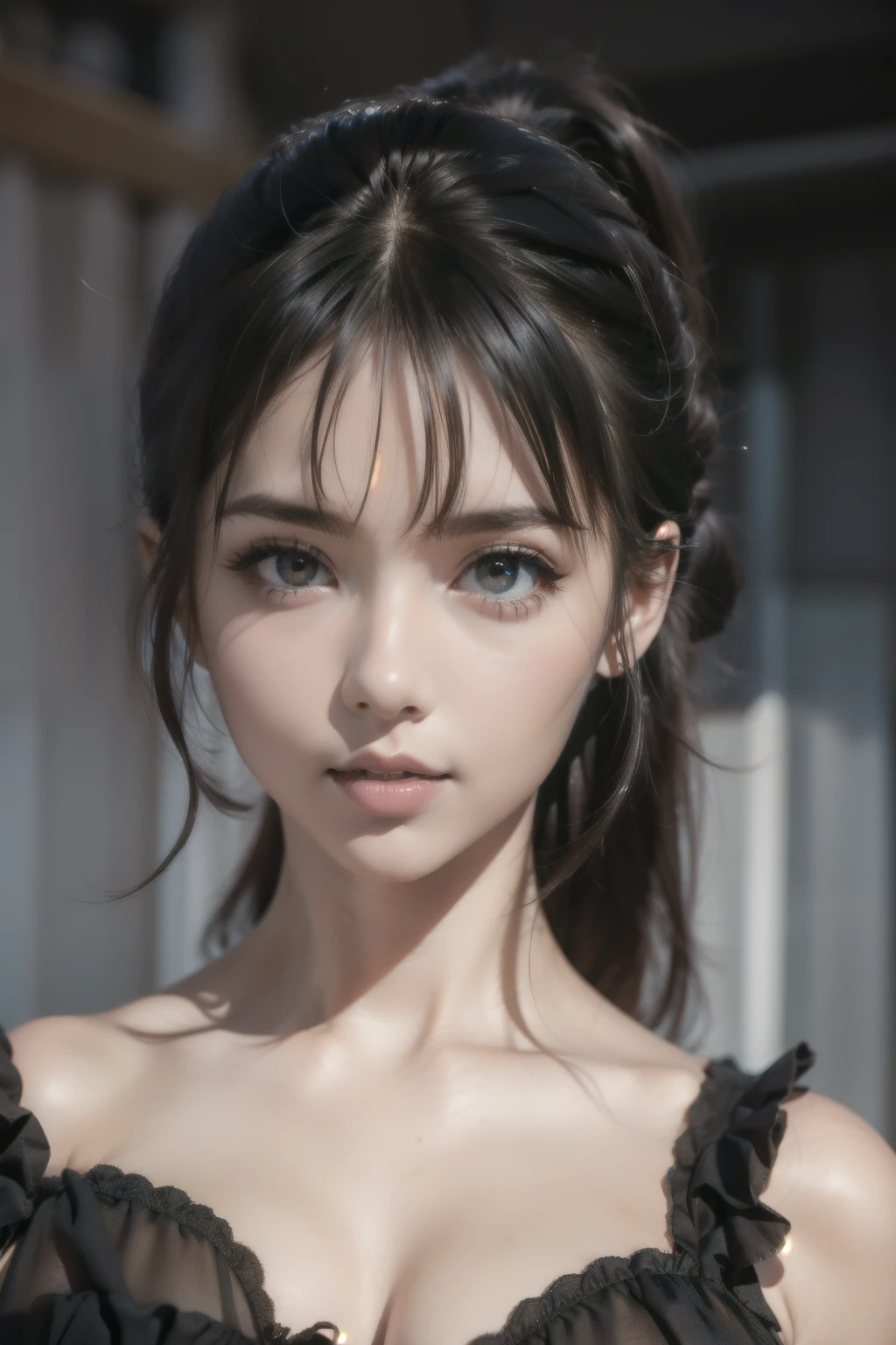 (RAW photo, best quality), (realistic, photo-realistic:1.331), best quality ,masterpiece, an extremely delicate and beautiful, extremely detailed, CG , unity, 8k wallpaper, Amazing, finely detail, absurdres, incredibly absurdres, huge filesize, ultra-detailed, highres, extremely detailed,
1girl, solo, realistic, short hair, black hair, lace, lace trim, collarbone, lips, (short ponytail:1.1), looking at viewer, close to viewer, bare shoulders, long eyelashes,
studio soft light, smooth skin, white skin, light on face, straight-on, staring, closed mouth,
beautiful detailed girl, extremely detailed eyes and face, beautiful detailed eyes, pupils sparkling, color contact lenses, aqua eyes, bangs, asymmetrical bangs, short bangs,
iu, aespaKarina