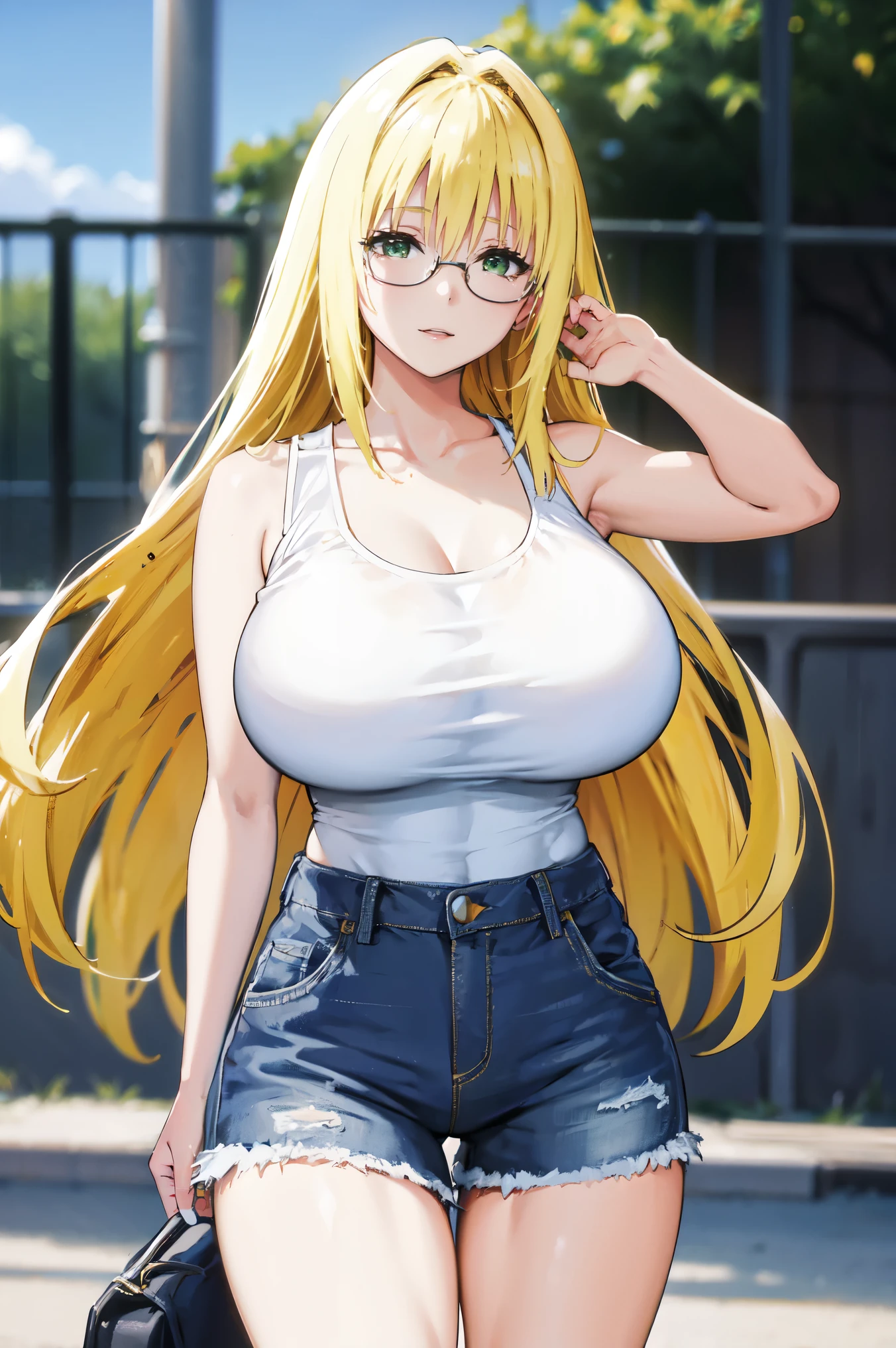 blonde hair, very huge tits, (( white tank top, short pants jeans)), ((glasses))), thick, busty, green eyes, long hair, upperbody, smile, legs, thigh, at beach, sky