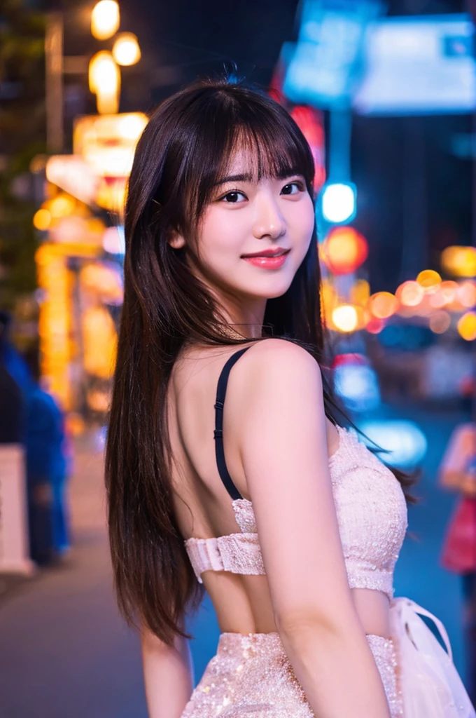 best quality, 8k, very delicate and beautiful, highly detailed face and skin texture, shiny skin, high resolution, sexy long hair japanese girl in white dress walking on street at night with huge smile, under neon light, sharp focus
