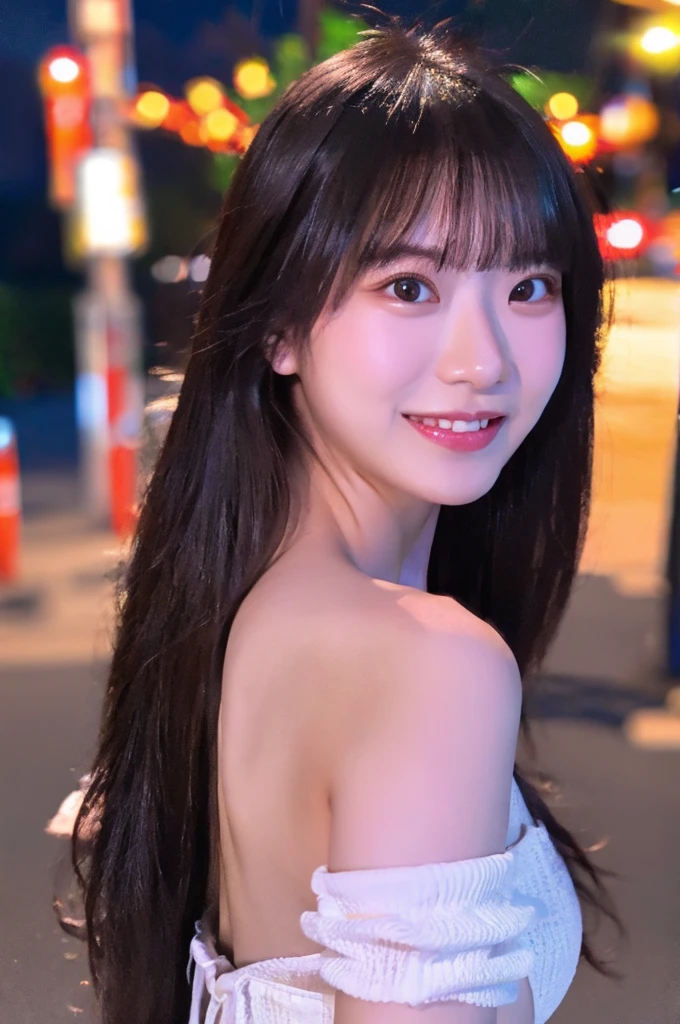 best quality, 8k, very delicate and beautiful, highly detailed face and skin texture, shiny skin, high resolution, sexy long hair japanese girl in white dress walking on street at night with huge smile, under neon light, sharp focus
