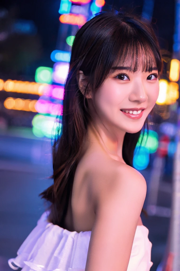 best quality, 8k, very delicate and beautiful, highly detailed face and skin texture, shiny skin, high resolution, sexy long hair japanese girl in white dress walking on street at night with huge smile, under neon light, sharp focus
