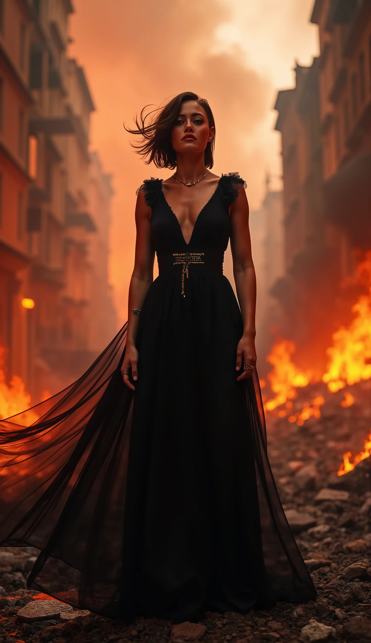 (best quality,4k,8k,highres,masterpiece:1.2),ultra-detailed,(realistic,photorealistic,photo-realistic:1.37), Ella Purnell, cruel and beautiful queen of the underworld, burning city, laughing queen, dark and gloomy atmosphere, intense flames, crumbling buildings, terrified citizens, twisted and eerie shadows, billowing smoke, sparkling embers, ash-filled sky, shattered glass, hauntingly beautiful queen, hair flowing in the wind, piercing eyes, delicate yet menacing smile, regal black gown flowing around her, flickering firelight casting dramatic shadows, eerie silence broken by the queen's echoing laughter, the queen stands tall and proud amidst the chaos, embodiment of power and destruction, gritty and realistic art style, vibrant and contrasting color palette with deep reds and dark shades, ethereal lighting illuminating the queen's face, a sense of both awe and fear in the air.