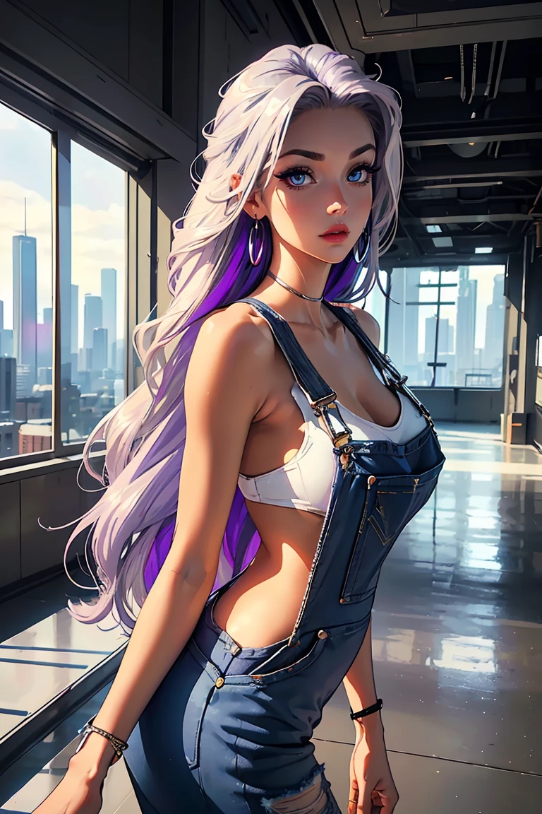 Goddess ((goddess-like woman)), slim elegant silhouette, masterpiece, (close angle), best quality, sweet face, (masterpiece:1,2, best quality), (real picture, intricate details), (1 lady , solo, medium , slim waistline, ), (blue eyes, silver purple hair, multicolored hair, white streaks, long hair:1.4) she has an impressive presence, bracelet, hoop earrings, beautiful face, beautiful eyes, She is wearing a Plunge Overalls and Crop Top, plung30v3r4ll, Crop Tank Top Denim, Deep V Neck, Jumpsuit, Baggy Jumpsuit, background: big hall, big windows, city view.