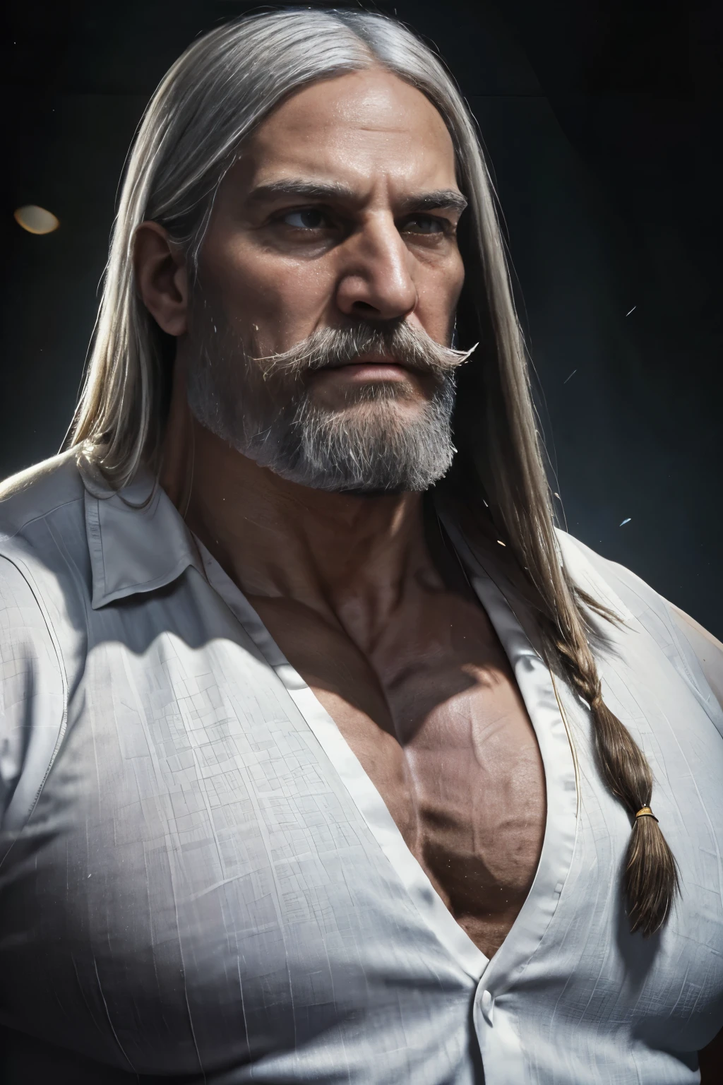 Wild muscle man, (80 year old dad:1.1), Chico 1, alone, long white Hair (Black dress shirt), (Big shoulders), Muscle tissue, Nargon, Stubble, thick Beard, Sharp Eye:1.3), (Detailed face:1.3), Wearing glasses, smile, Dynamic Angle, Volumetric lighting, (Highest quality, (long white hair), thick bushy eyebrows, High resolution, Realistic), Cinema Lighting, masterpiece, Raw photo, Intricate details, High resolution, whole body, Tight jeans ,Cross your arms, Huge pectoral muscles、Giant Arms、glare、darkness,Darkness,Angry, anger vein, sweating, evil、Intimidating、Overbearing,  absurdly huge nose, hawk nose, big old man nose, convex nose, pronounced bridge and outward curve that protrudes from the base of the nose, , sharp well groomed beard,  well groomed moustache,  thick pronounced white beard, grizzly hair, olive skin, strong jaw, (black skin)