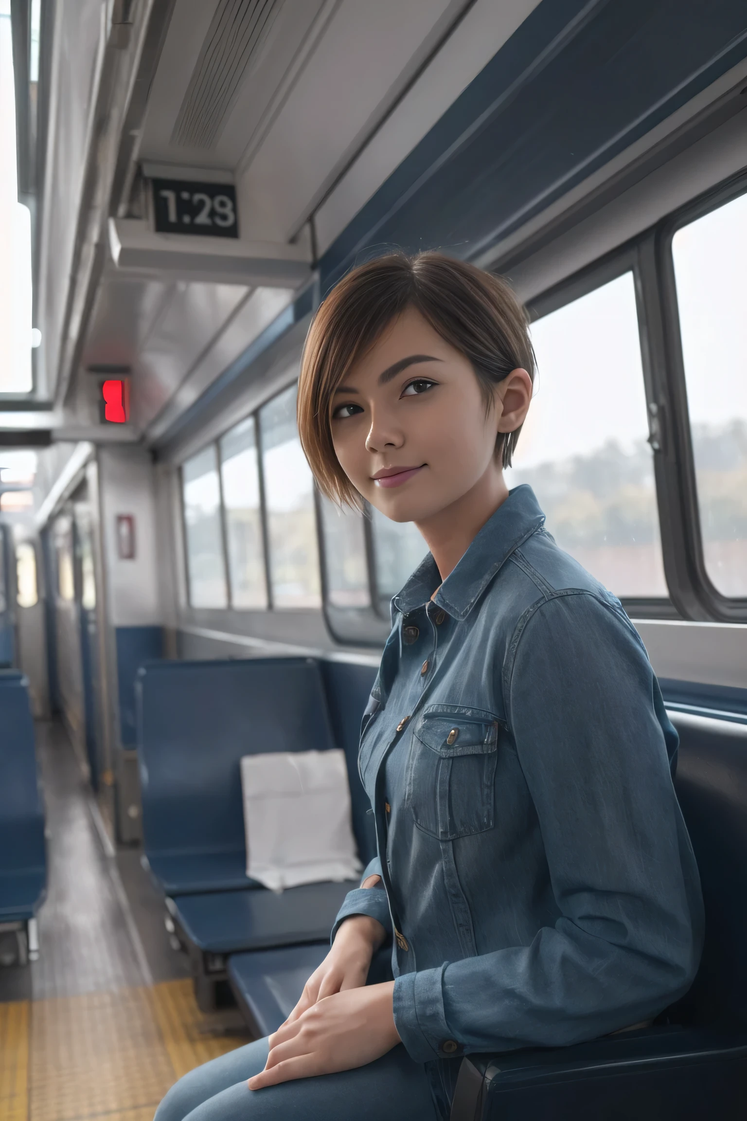 A perfect well-lit portrait photograph, Beautiful Short hair ,train