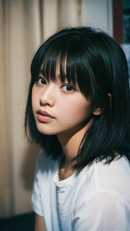 Best-quality, Masterpiece, Ultra-High-Resolution, (Photorealistic:1.4), Raw-Photo, 1girl, (15-years-old), the most popular Japanese idol, portrait, ((kissing-face)), extremely cute face like the most famous Japanese idol, extremely beautiful black-short-cut-haired, extremely beautiful skins, extremely beautiful long-eyelashes, extremely beautiful lips, (detailed kissing-face)