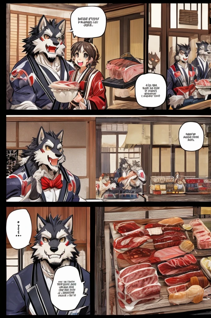 Color Comics、Japanese Manga  、 Buy Meat : Legend of the Wolf  、 美味しい Buy Meat マンガ 、  Delicious Meat Sale Day  、  happy face、smile、cute、  Manga Where Werewolves Discuss Meat、