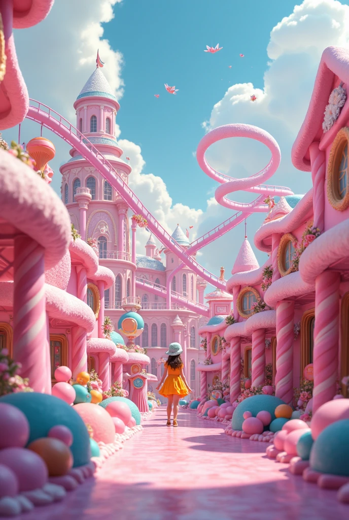 Creative poster 3D effect Blue sky and white clouds Pink color Playground in the distance There is a girl with long hair on the carousel nearby