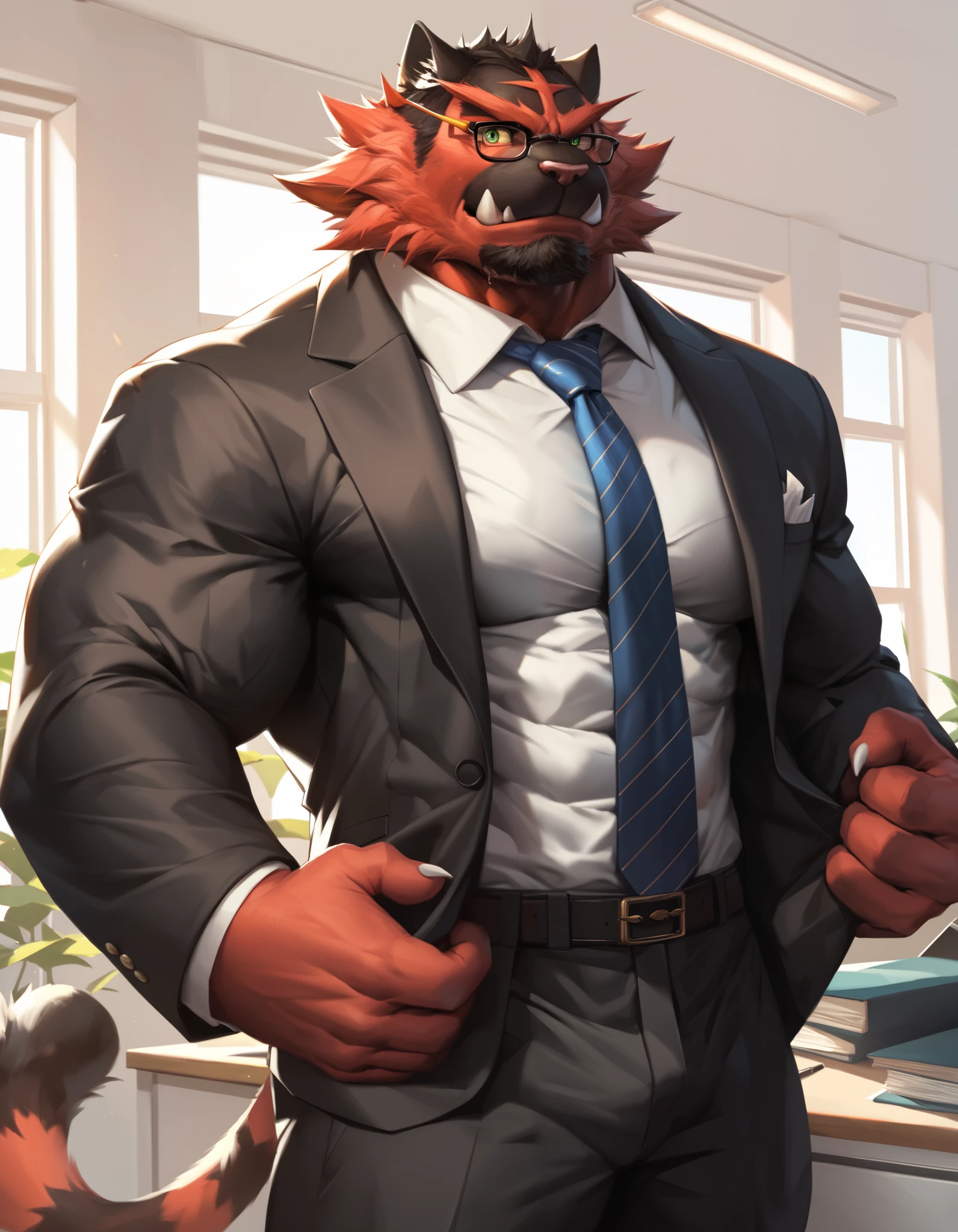 bara incineroar, fur, strong physique, perfect anatomy, masterpiece, black beard, big eyes, solo, great lighting, suits, office, glasses, 