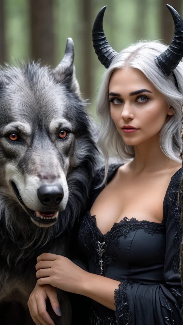  Beautiful and perfect 8k uhd professional photos , Sharp focus,  in an amazing fantasy world ,  20-year-old girl, silver hair with horns, black devil and beautiful hands,  1girl and 1giant wolf mysterious , Cheerful ,  in bright natural light 