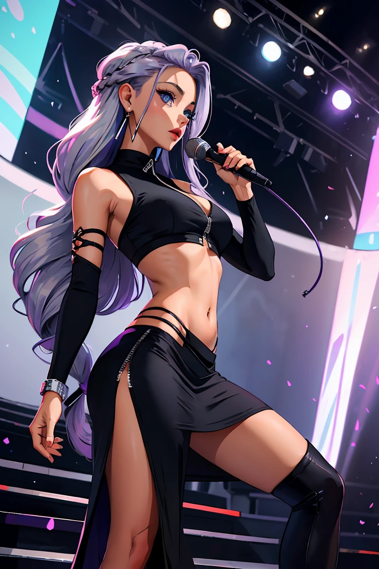 Goddess ((goddess-like woman)), slim elegant silhouette, masterpiece, (close angle), best quality, sweet face, (masterpiece:1,2, best quality), (real picture, intricate details), (1 lady , solo, medium , slim waistline, ), (blue eyes, silver purple hair, multicolored hair, white streaks, long hair:1.4) she has an impressive presence, bracelet, hoop earrings, beautiful face, beautiful eyes, she is wearing a black pants and gray Crop Top, m3shm1cr0, pants, short sleeves, midriff, crop top, hairstyle: high half braid, sweet irresistible smile, elegant pose, elegant hands, beautiful hands, perfect fingers , Background: large concert hall, concert hall full of people, she is holding a microphone in her hand, she is a pop star/singer and is performing on a stage, she is completely in her element and feels the magic of music,bokeh