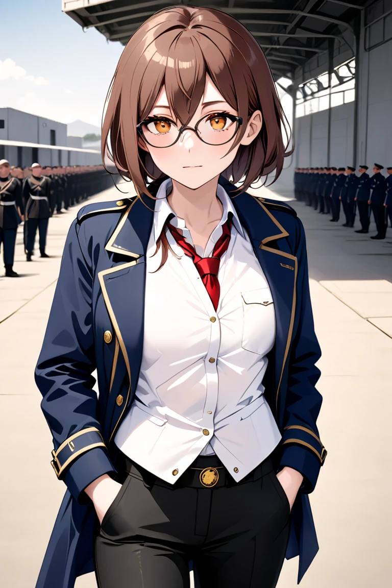 An adult woman with short sepia tousled hair ,  wears black military boots ,  black pants ,  white shirt, red tie, blue vest over the shirt ,  dark navy blue military trench coat with zip pockets and unbuttoned gold details, She wears small lenses , has dark circles under his eyes. background of a military base 