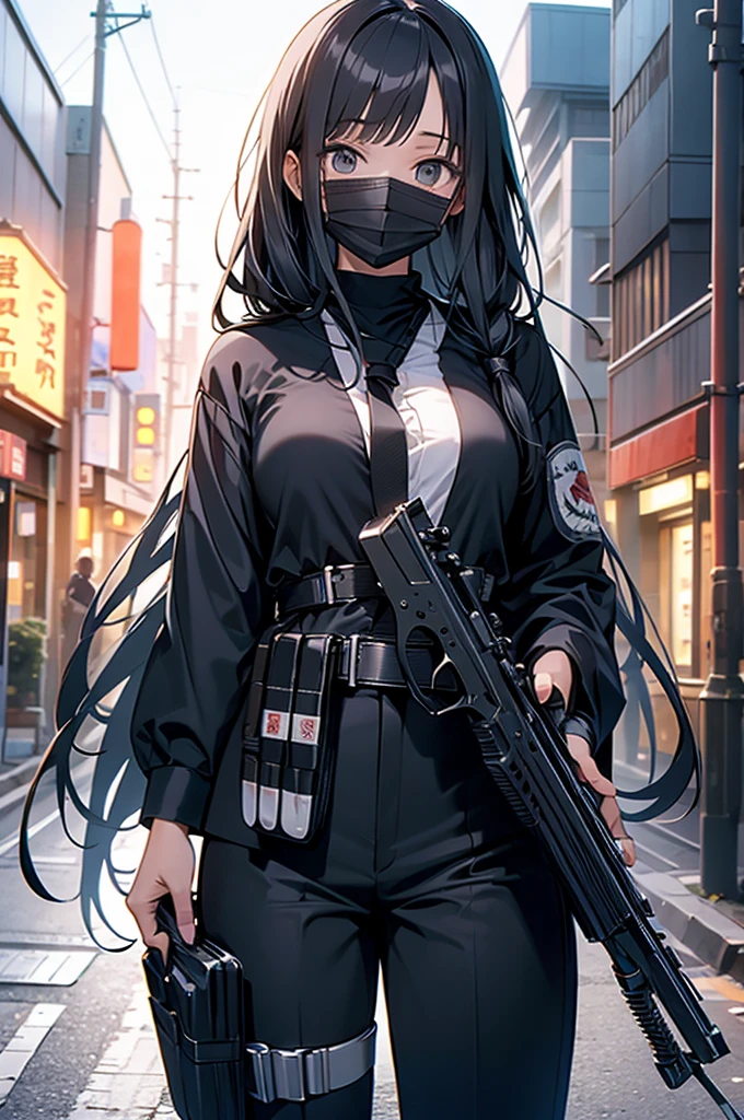 behind handcuffed woman japanesewoman suit suspender gun holster blackmask belt longhair
