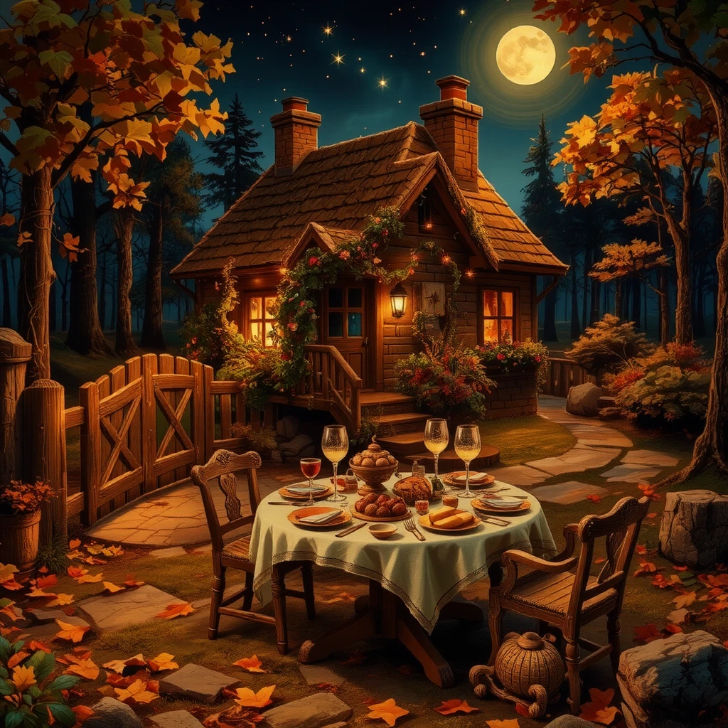 A landscape scene showing a cozy cottage in Autumn, around the cottage is a quaint little wooden gate with beautiful vines curling around its beams, in the front yard of the cottage is a small table set for four people with all sorts of delicious food and dessert and drink. It is night time, fairy lights illuminate the scene casting a warm, enchanting dappled glow over the table setting, stars twinkle in the night sky and a forest surrounds the dwelling, masterpiece, highly-detailed, 4k.