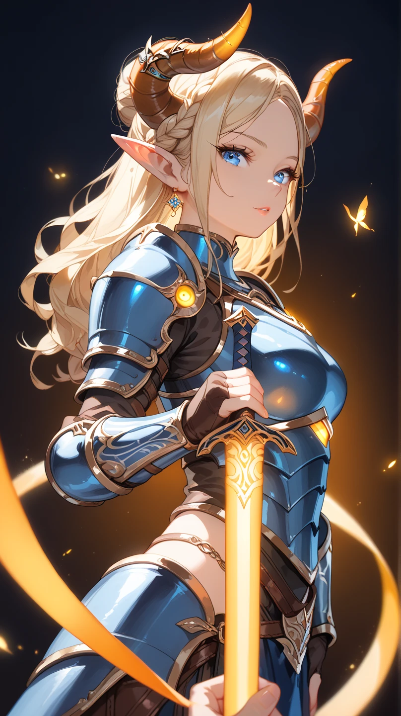 highest quality, Super detailed, (ultra high resolution,8K), Ultra-high definition 4K, (perfect anatomy, anatomically accurate), (One woman with big breasts has a sexy charm), (Paladin), ((Beautiful and detailed golden armor, sheath, breastplate)), (look back), (human body as a whole), blonde, (ponytail), (dynamic composition), High-definition facial beauty, (Beautiful blue eyes like sapphires), (open your mouth), wet body, shiny skin, (fine-textured skin,hair ), (Butterflies flying around a woman), (wetland), (midnight, dark), (Decisive pose), Thrusting the sword into shallow water, (Has a detailed beautiful sword), (look back)