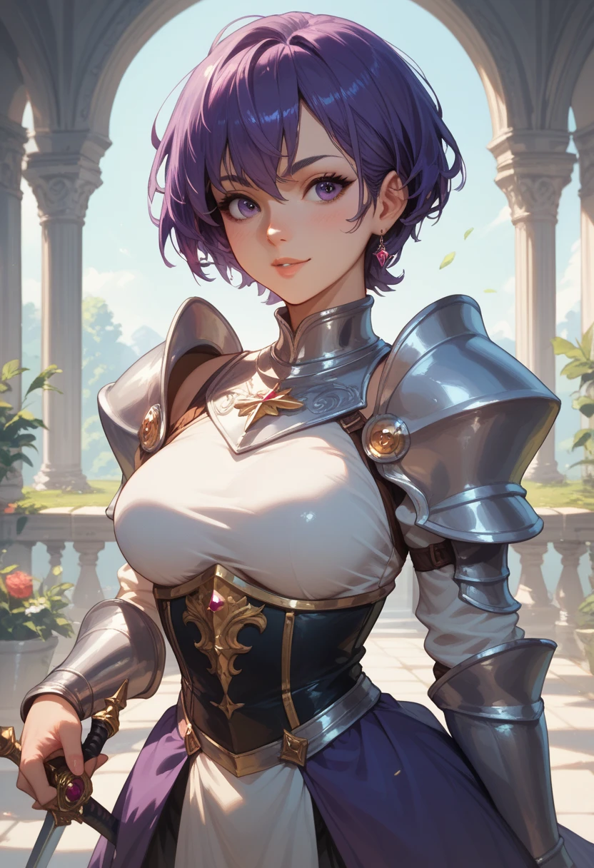 knight with short purple hair, wearing a shiny pixel breastplate, waist-up, 