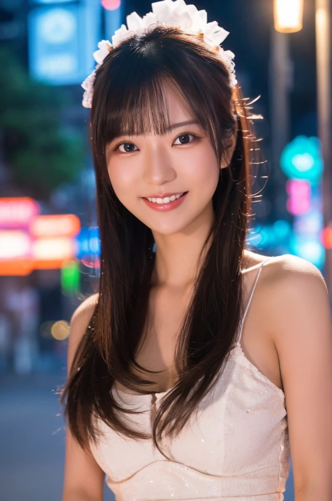 best quality, 8k, very delicate and beautiful, highly detailed face and skin texture, shiny skin, high resolution, sexy long hair japanese girl in sexy white dress walking on street at night with huge smile, under neon light, sharp focus
