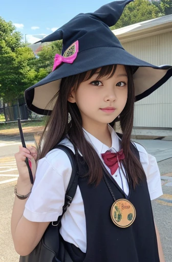   Ultra High Definition,   high definition  ,  retina, 
   twin tails, stick out my 舌, masterpiece,   best quality, 
(((  Transcendence Cute Elementary School Student  )))、((( Witch hat )))、((Witch&#39;s Clothes))、 Witch's Transcendence Short Skirt、 ((  Ultra Short Skirts  ))、(( beautiful legs))、Outback of the Forest 