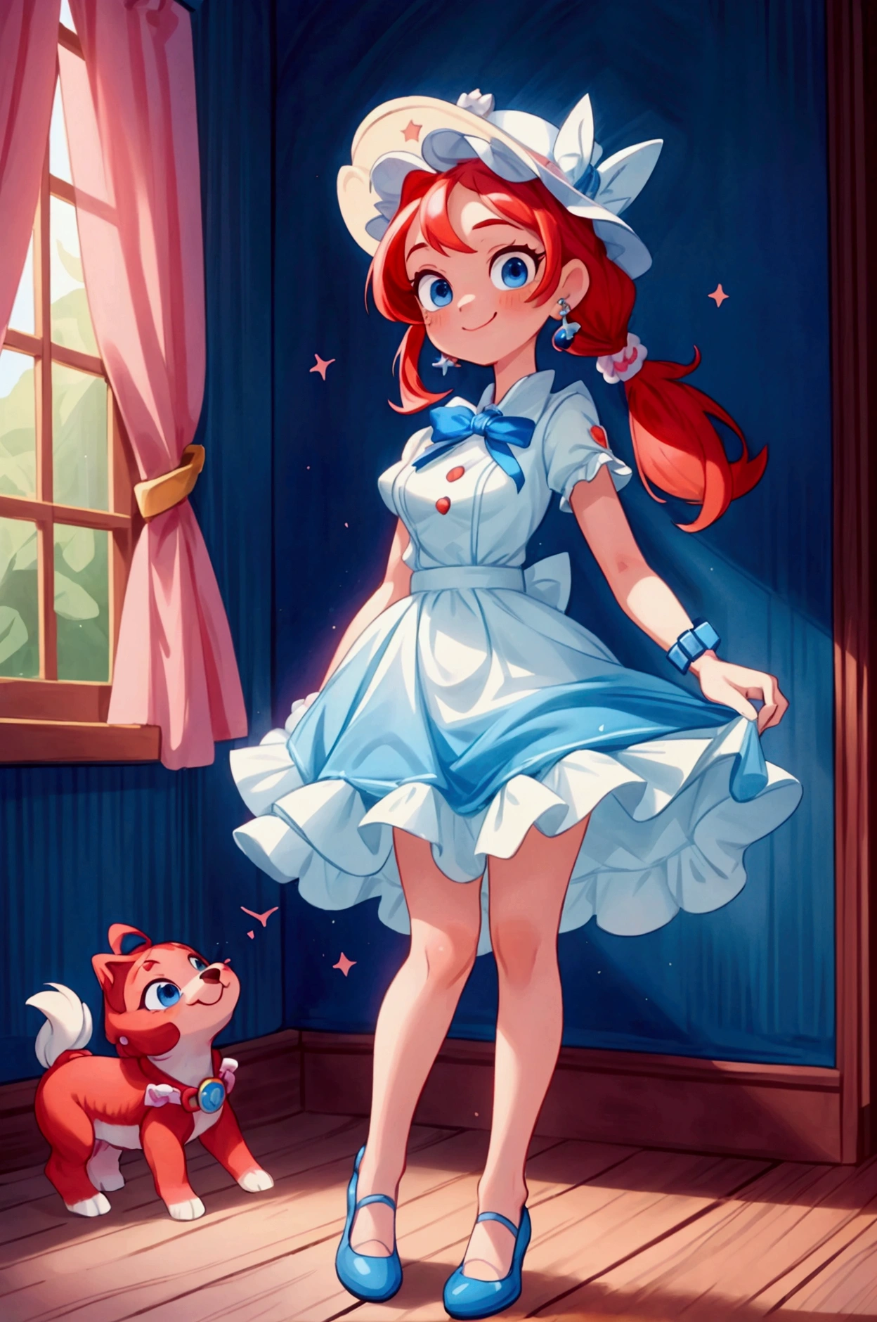 (masterpiece, best quality), 1girl, blue and white frill dress, red hair, two ponytails, cute face, blue eyes, standing, indoor, intricate detail, sunlight, cute dog hat, sexy pose, blue and white shoes, earrings, elegant hand watch, smile, coquette, gorgeous legs, mature teenager body, lovely, gorgeous body, pronounced breasts