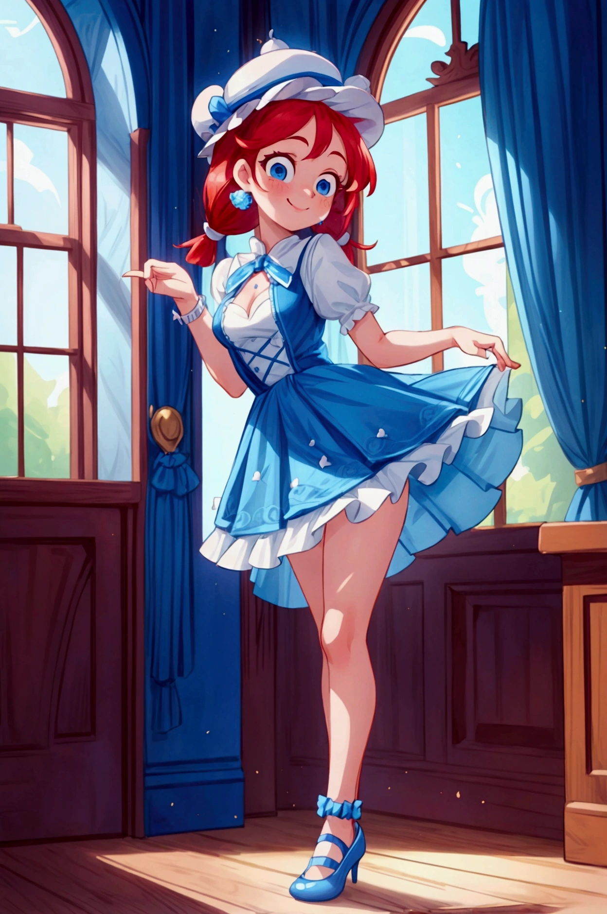 (masterpiece, best quality), 1girl, blue and white frill dress, red hair, two ponytails, cute face, blue eyes, standing, indoor, intricate detail, sunlight, cute dog hat, sexy pose, blue and white shoes, earrings, elegant hand watch, smile, coquette, gorgeous legs, mature teenager body, lovely, gorgeous body, pronounced breasts