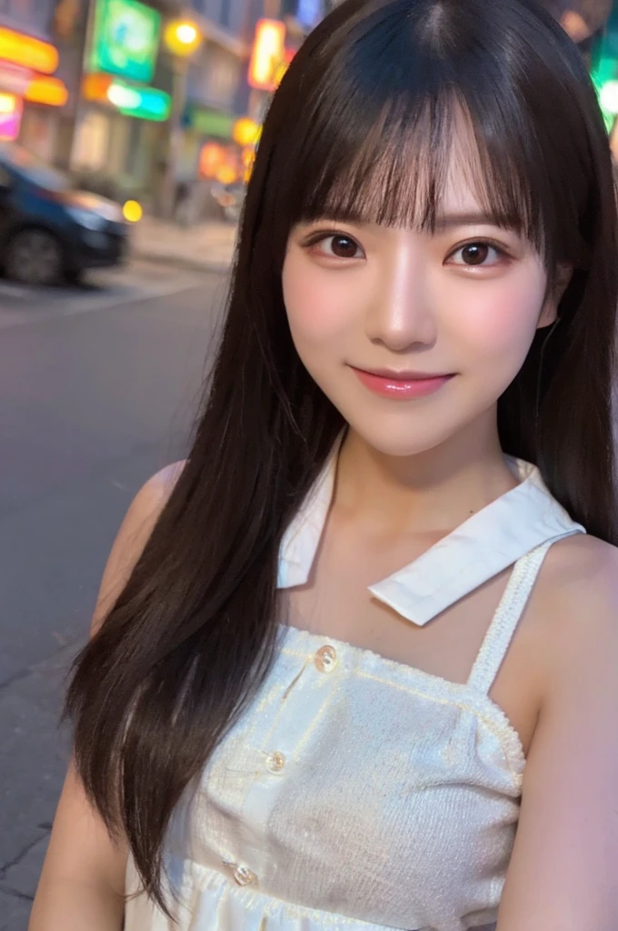 best quality, 8k, very delicate and beautiful, highly detailed face and skin texture, shiny skin, high resolution, sexy long hair japanese girl in sexy white dress walking on street at night with huge smile, under neon light, sharp focus
