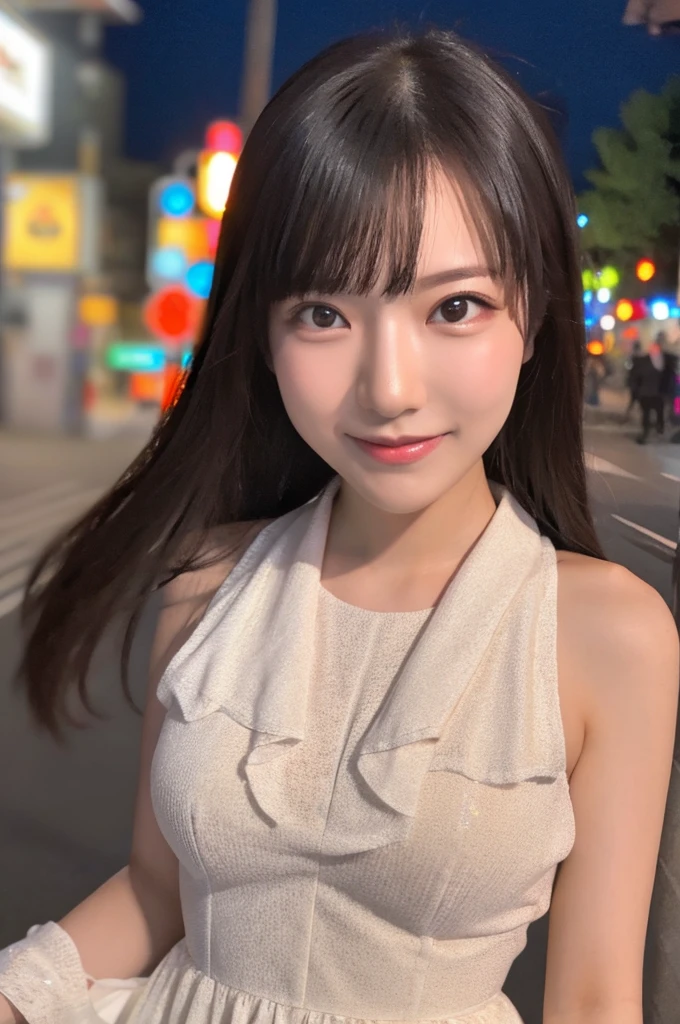 best quality, 8k, very delicate and beautiful, highly detailed face and skin texture, shiny skin, high resolution, sexy long hair japanese girl in sexy white dress walking on street at night with huge smile, under neon light, sharp focus
