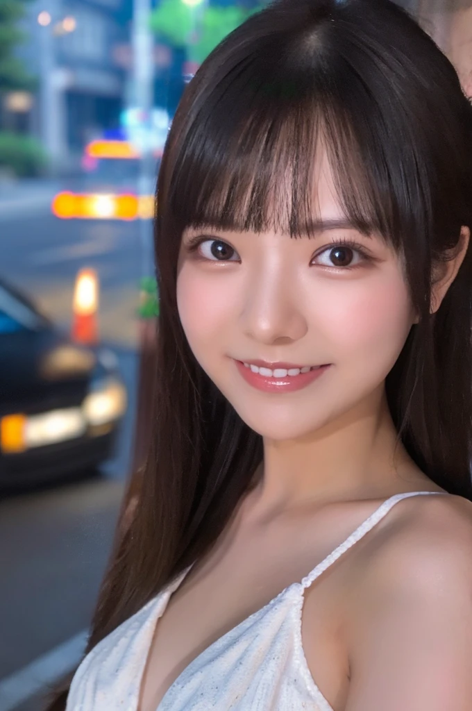 best quality, 8k, very delicate and beautiful, highly detailed face and skin texture, shiny skin, high resolution, sexy long hair japanese girl in sexy white dress walking on street at night with huge smile, under neon light, sharp focus
