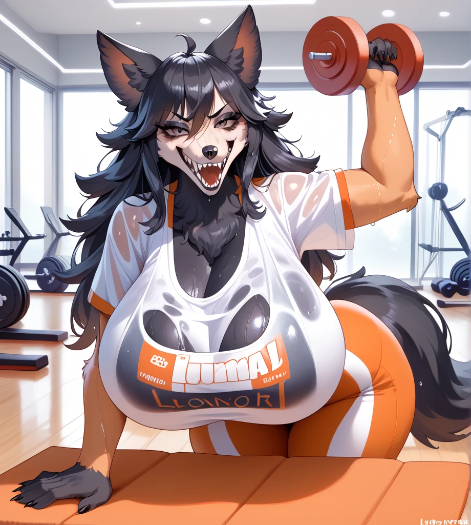 Nsfw,Lobo,furry,    anthropomorphic   ,masterpiece,   best quality   ,   loading on S621  ,kemono,art anime,2D Art,Black hair ,big body ,curves, lono furry ,   Wolf tail ,  wolf ears,scary face,sharp teeth,  long hair ,fringe,  hair thrown aside,silky hair  ,hyper in this , heavy ass,hyper breasts,heavy breasts, seductive face,sexy gym clothes,   wide hips,Giant Wolf, seductive pose,Yoga Room ,corou, moaning,wet body.