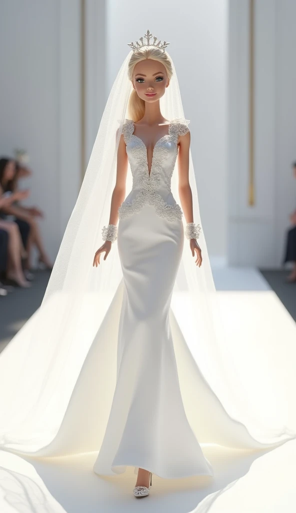 a woman in a white wedding dress and tiable on a runway, intricate gown, white royal dress, extravagant dress, dressed beautiful gown, diamond shimmering dress, wedding dress, ornate gown, haute couture! fashion!, intricate fantasy dress, beautiful wedding dress, !!! haute couture!!!, with a thin waist, beautiful!!!, very beautiful and elegant, white regal gown