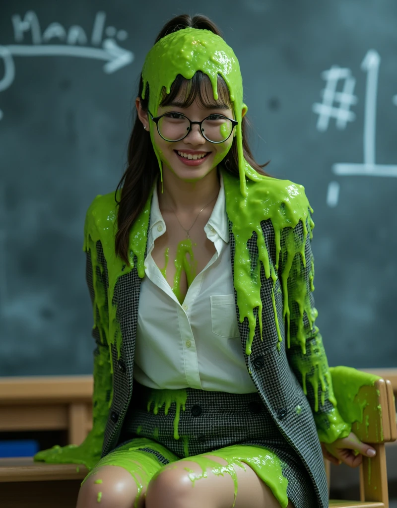 Cinematic photograph of Korean teen covered in dripping green slime. Wearing white buttoned collared dress shirt with cleavage. Tweed blazer. Tweed short skirt. f/1.4 aperture. hyper-realistic style. (Korean teen: 1.1). Slime. 8k. Masterpiece. Inside classroom. Sitting atop desk. Bokeh. Nighttime. Glistening liquid. Raw photo. Ponytail. Thin round eyeglasses. 