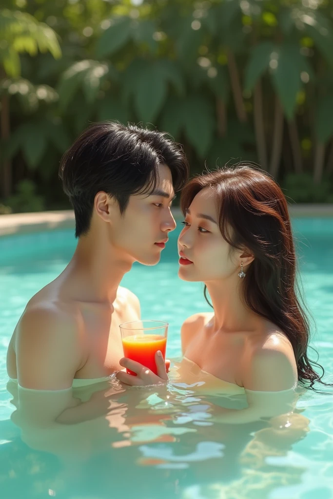 spa、public bath、selfie、1 boy,a boy is grabbing girl's breasts from behind,arms up,inside the pool((in water))、expression of ecstasy、Blur the background、Hotel-like pool、cream hair
