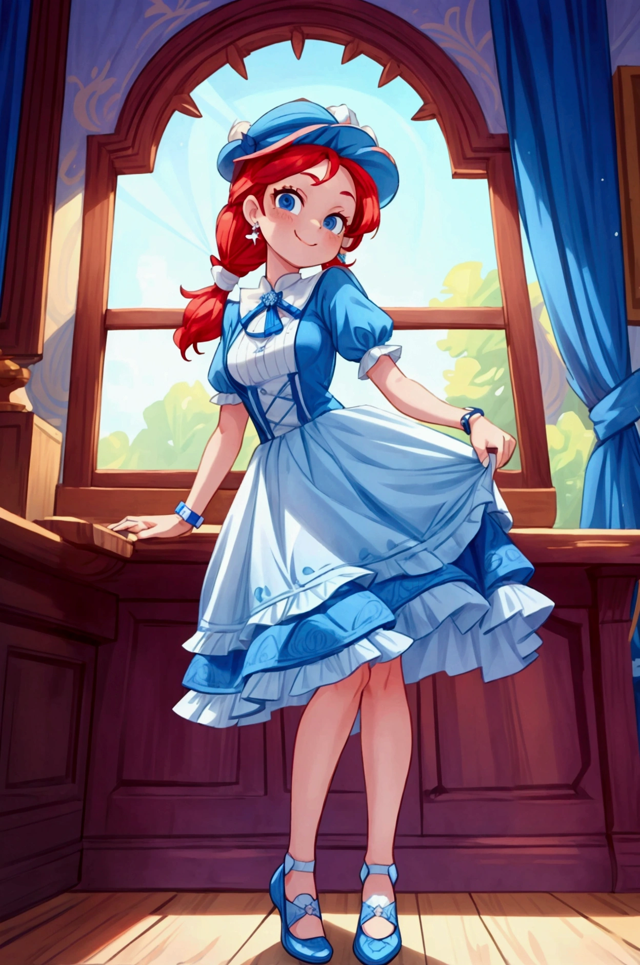 (masterpiece, best quality), 1girl, blue and white frill dress, red hair, two ponytails, cute face, blue eyes, standing, indoor, intricate detail, sunlight, elegant hat, sexy pose, blue and white shoes, earrings, elegant hand watch, smile, coquette, gorgeous legs, mature teenager body, lovely, gorgeous body, pronounced breasts