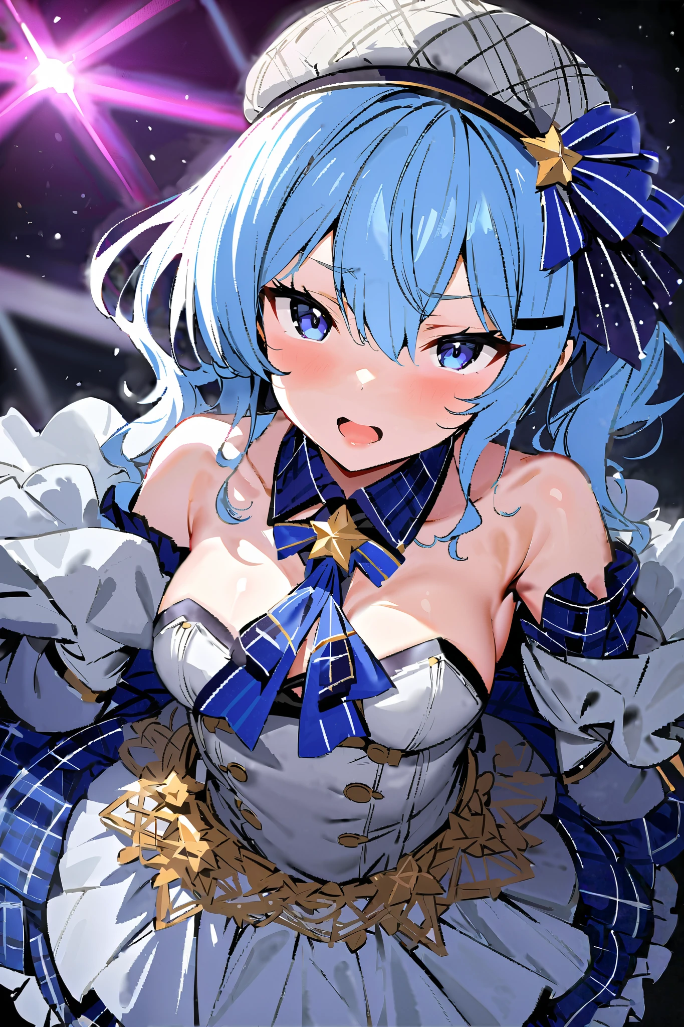 1 girl,solo, masterpiece, best quality,full-body shot,(女孩穿上clown服装:1.8),clown,face color,(There heavy makeup on the face:1.8),Eerily laughter,perfect lighting, Double tail, drill hair, blue hair, blue eyes, Gwen,