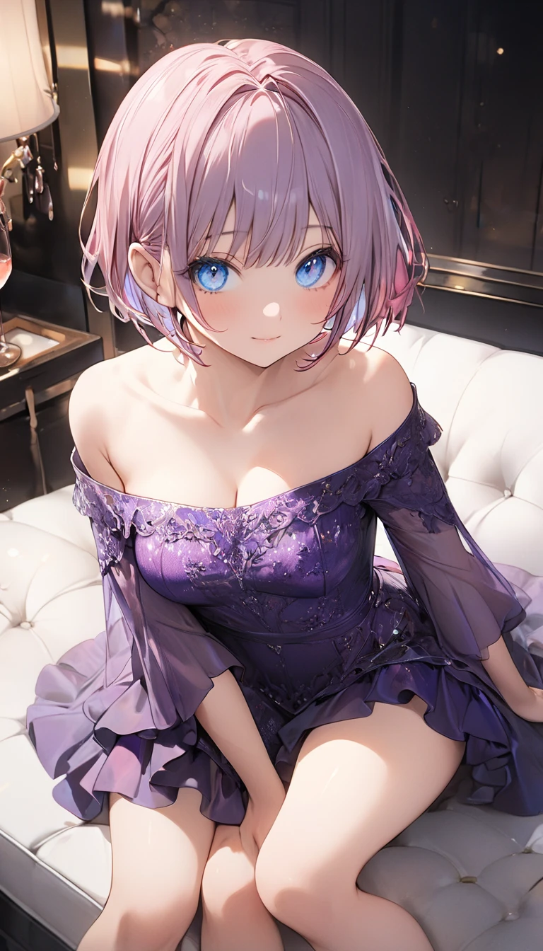 Girl with short purple hair,sparkling blue eyes, wearing a purple dress with pink star designs with lots of ruffles