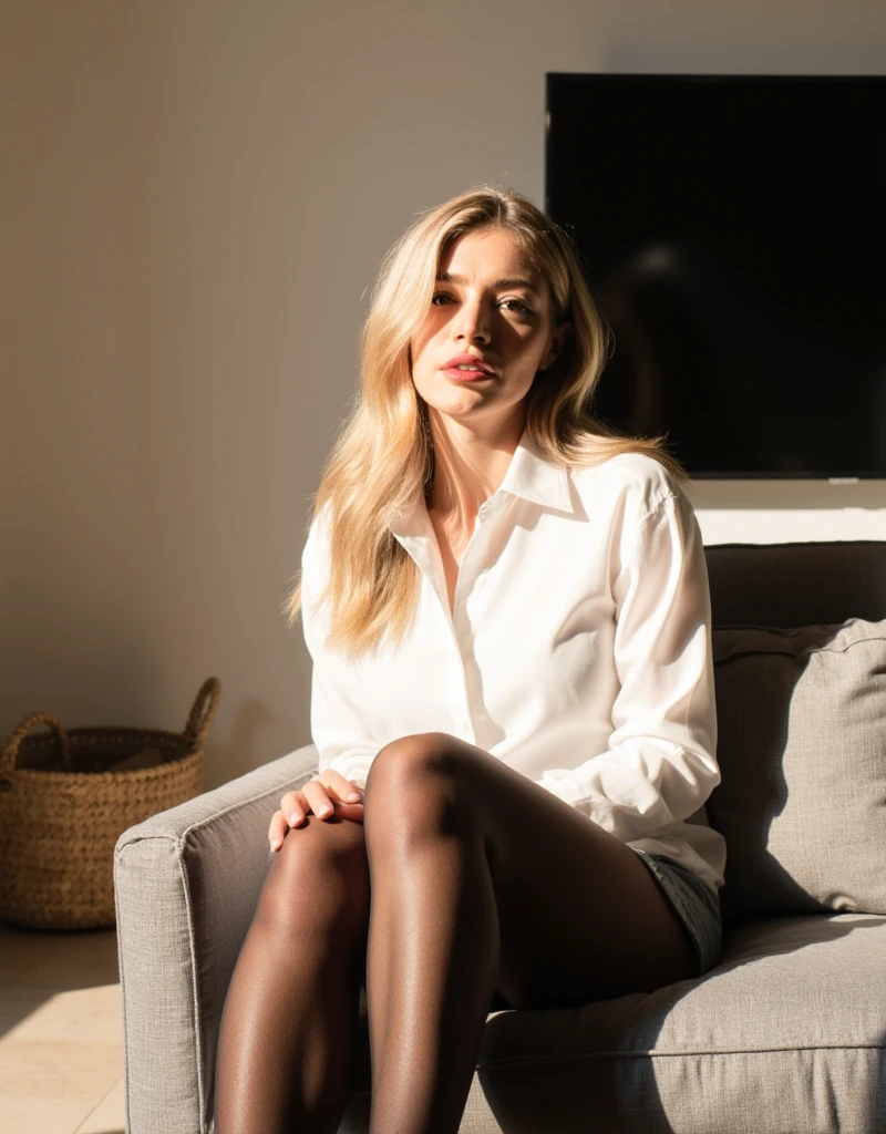 This is a high-resolution photograph of Chrissy with fair skin and long hair, seated on a sofa in a modern, well-lit room. She is wearing a white long-sleeved blouse and sheer black pantyhose that highlight her slender legs and smooth skin. The pantyhose have a glossy finish, catching the light and giving them a shiny appearance. Her facial expression is calm and slightly smiling, with a hint of a confident demeanor. 

The sofa she is sitting on is upholstered in a soft, grey fabric with a textured pattern. Behind her, there is a large, flat-screen television mounted on the wall, and a woven basket with a textured pattern sits to her left. The background wall is a light beige color, and the room is bathed in natural light, suggesting it is daytime. The sunlight creates a warm, inviting atmosphere and casts soft shadows on the woman and the furniture, adding depth to the image. The overall ambiance of the room is modern and minimalistic, with a focus on clean lines and neutral colors.