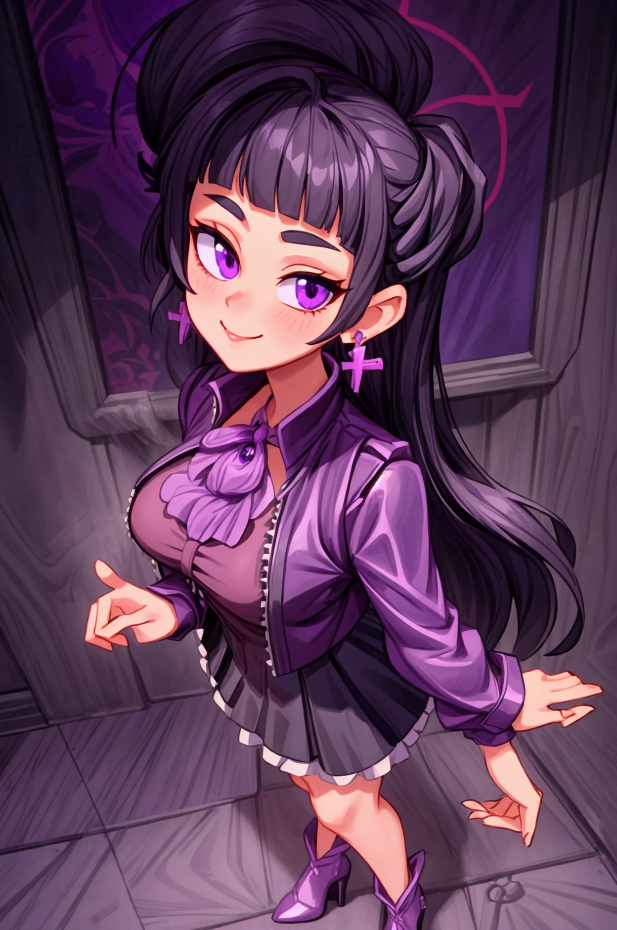 (Masterpiece, best quality) 1 girl, black hair, medium long hair, purple eyes, standing indoors with intricate details and sunlight. Purple frilled dress with short neckline, dark black biker jacket vest, black heels, cross earrings. Sweet smile, sexy pose, coquette, beautiful legs, mature body, gorgeous, pronounced breasts