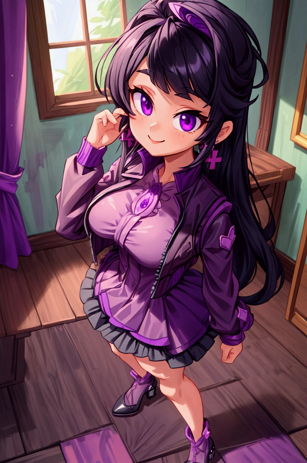 (Masterpiece, best quality) 1 girl, black hair, medium long hair, purple eyes, standing indoors with intricate details and sunlight. Purple frilled dress with short neckline, dark black biker jacket vest, black heels, cross earrings. Sweet smile, sexy pose, coquette, beautiful legs, mature body, gorgeous, pronounced breasts