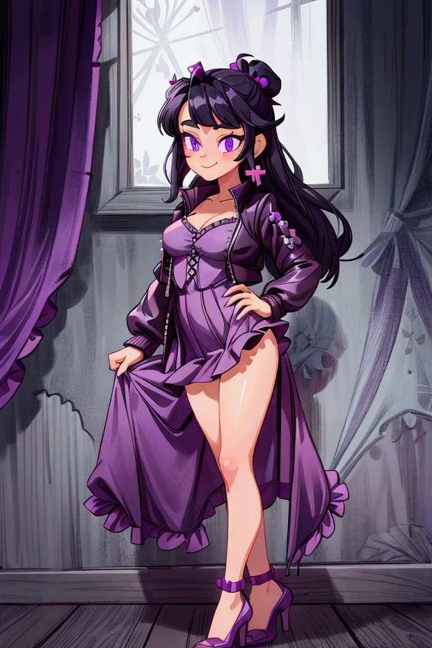 (Masterpiece, best quality) 1 girl, black hair, medium long hair, purple eyes, standing indoors with intricate details and sunlight. Purple frilled dress with short neckline, dark black biker jacket vest, black heels, cross earrings. Sweet smile, sexy pose, coquette, beautiful legs, mature body, gorgeous, pronounced breasts