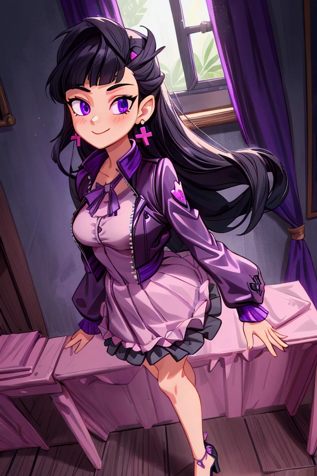 (Masterpiece, best quality) 1 girl, black hair, medium long hair, purple eyes, standing indoors with intricate details and sunlight. Purple frilled dress with short neckline, dark black biker jacket vest, black heels, cross earrings. Sweet smile, sexy pose, coquette, beautiful legs, mature body, gorgeous, pronounced breasts