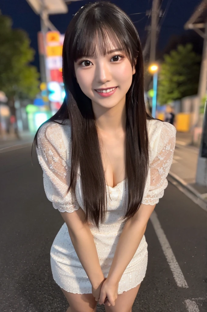 best quality, 8k, very delicate and beautiful, highly detailed face and skin texture, shiny skin, high resolution, sexy long hair japanese girl in sexy white dress walking on street at night with huge smile, under neon light, full body, sharp focus
