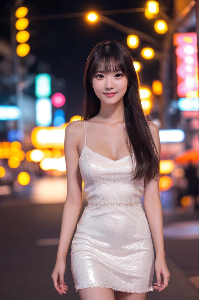 best quality, 8k, very delicate and beautiful, highly detailed face and skin texture, shiny skin, high resolution, sexy long hair japanese girl in sexy white dress walking on street at night with huge smile, under neon light, full body, sharp focus
